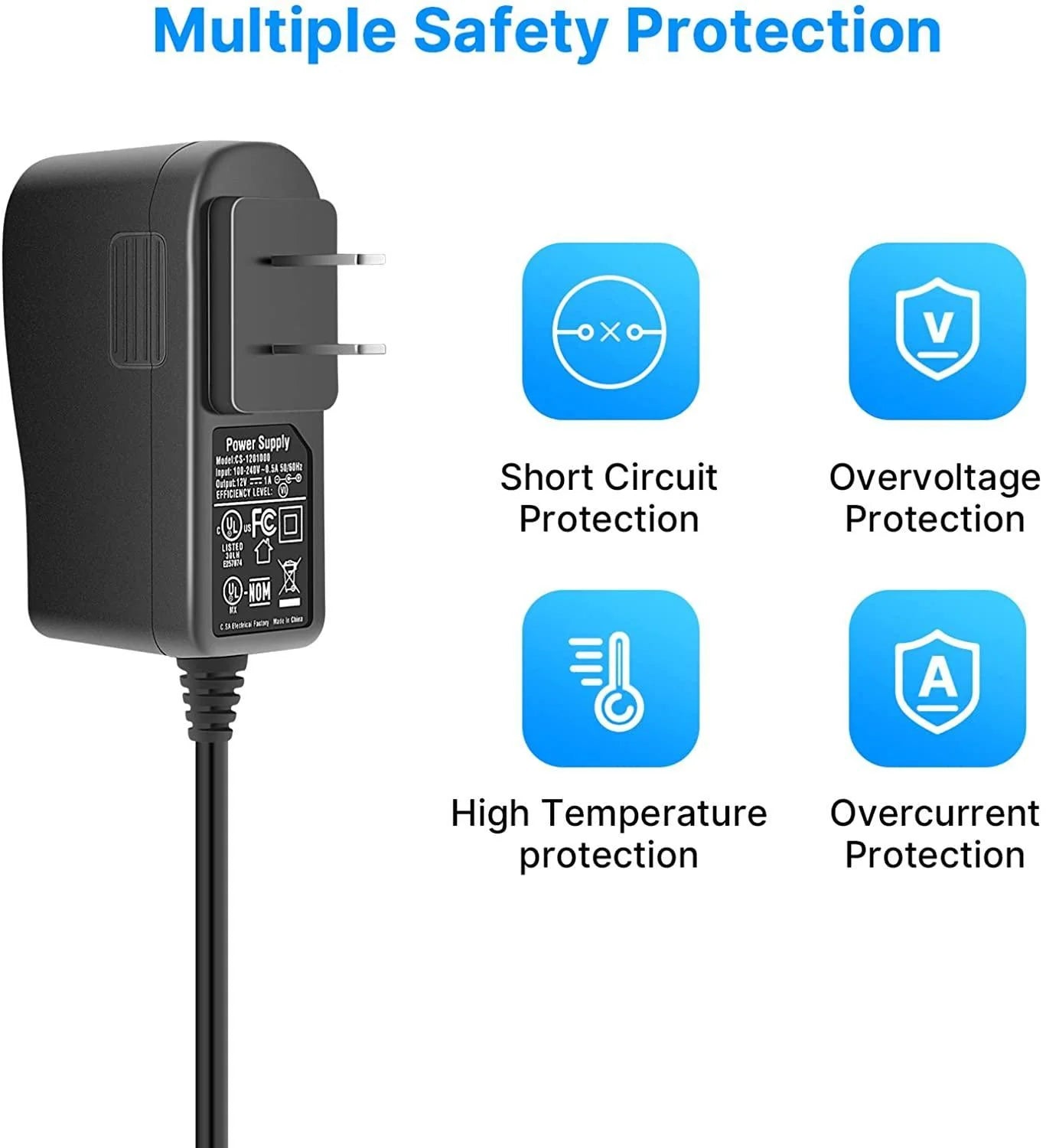Hiseeu AC 100-240V to DC 12V 1A 1000mA 12W Power Supply 5.5 x 2.1mm FCC 10 Feet Cable Power Supply (12V-1000mA) Power Adapter for Security Cameras