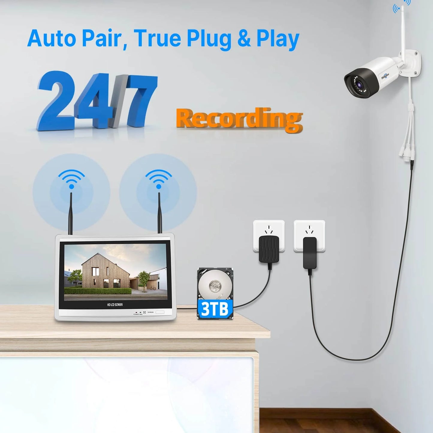 [Wireless Pro with 12" LCD Monitor, Expandable 10Channels 4K NVR] 5MP Wireless Security Camera System BUILD-IN 3TB HDD With Two Way Audio
