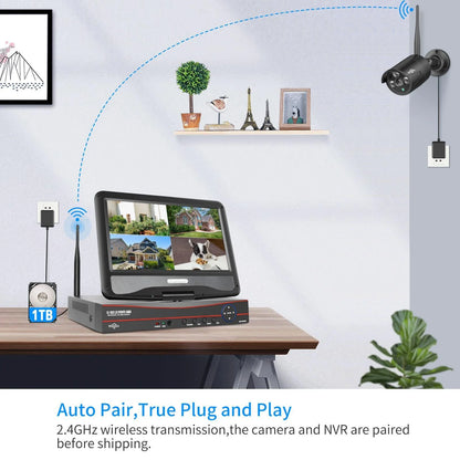 [Wireless Pro, 100ft Range,Expandable 16Channels 4K 10.1" LCD Monitor NVR] 5MP Black Wireless Security Camera System With 1T HDD