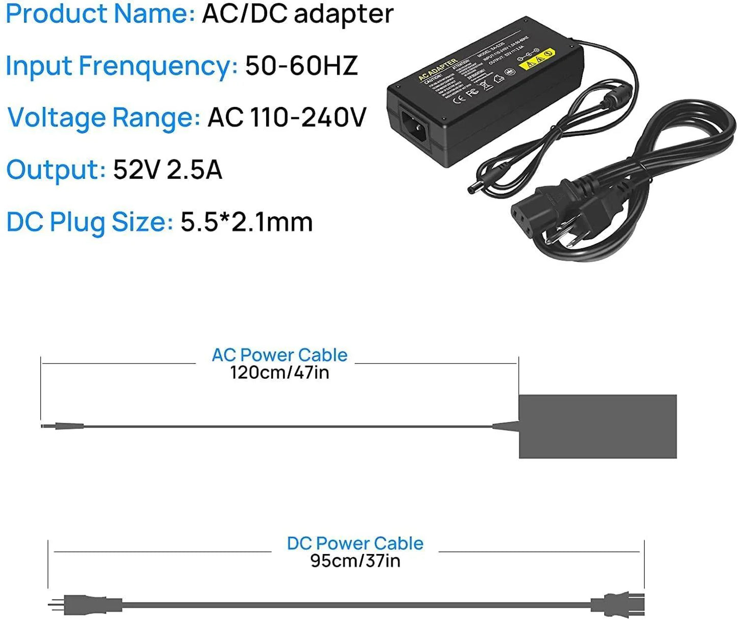 Hiseeu DC 52V 2.5A Power Adapter, AC 100-240V to DC 52V 2.5A Power Cord