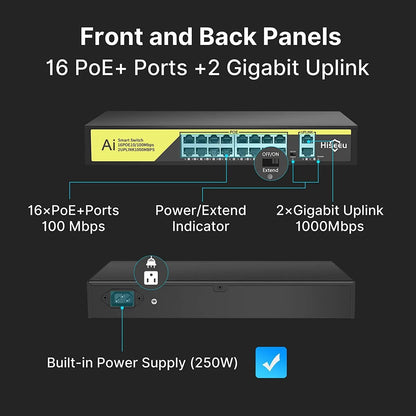 Hiseeu【1000 MBPS】 16 Port PoE Switch + 2 Gigabit Uplink 1000 Mbps