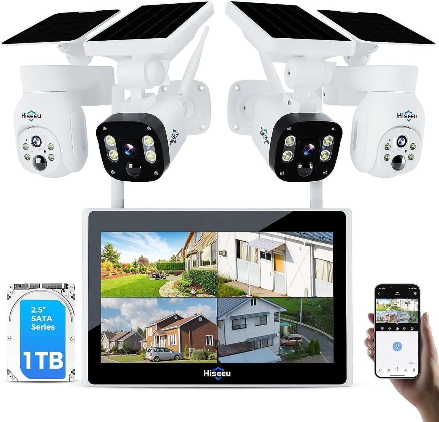 [Wireless , Expandable 10Channels 10in"Monitor 4K NVR] 4MP PTZ Dome + Bullet Security Camera System BUILD-IN 1T HDD