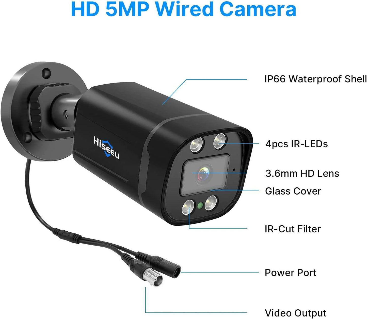 Wired AHD 5MP 3K HD Bullet Analog Security Camera IP66 Waterproof 60ft Clear Night Vision