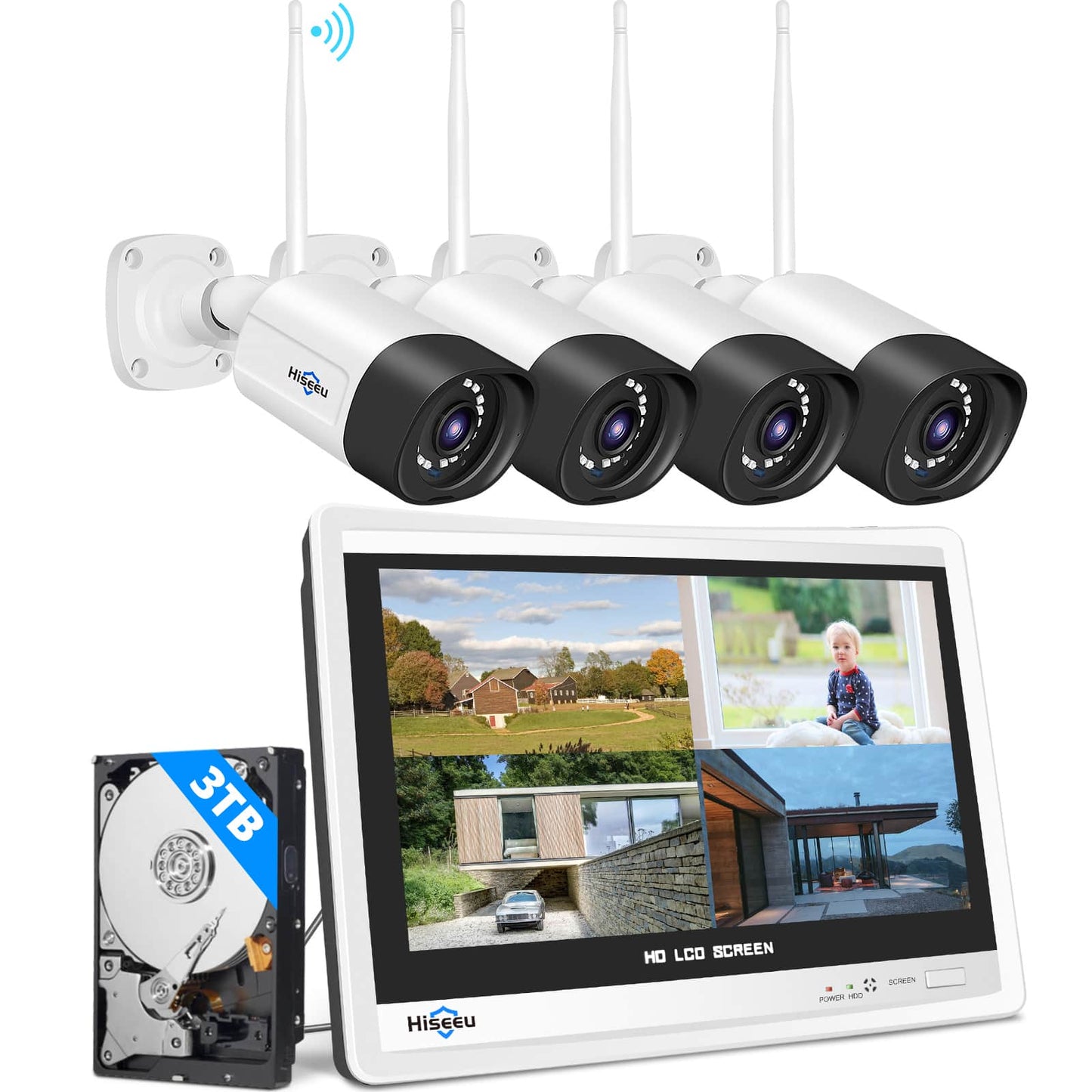 [Wireless Pro with 12" LCD Monitor, Expandable 10Channels 4K NVR] 5MP Wireless Security Camera System BUILD-IN 3TB HDD With Two Way Audio
