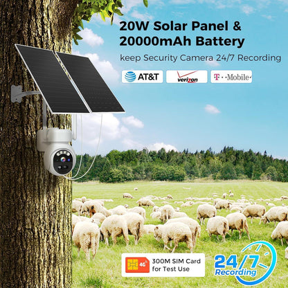 2K 4MP No WiFi 24/7 Recording 4G Cellular Wireless Solar Camera PTZ 𝟯𝟲𝟬° 𝙑𝙞𝙚𝙬 With 64G SD & SIM Card