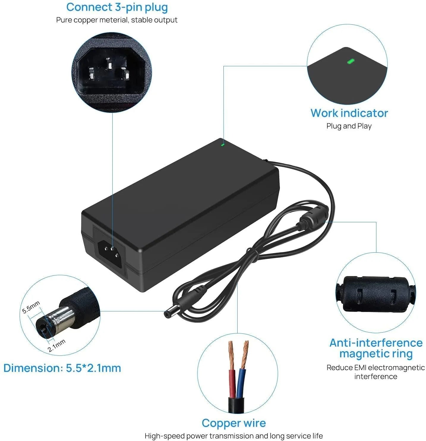 Hiseeu DC 52V 2.5A Power Adapter, AC 100-240V to DC 52V 2.5A Power Cord