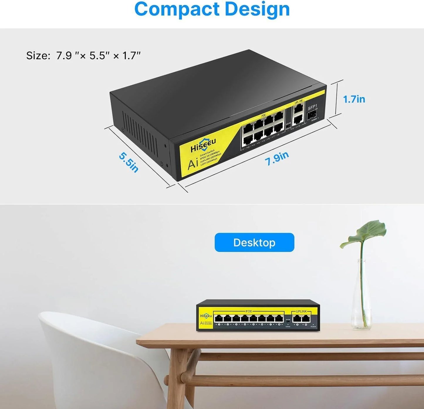 Hiseeu【1000 Mbps】8 Port PoE Switch (8 PoE+ Ports + 2 Ethernet Uplink Ports), 802.3 af/at, 100Mbps, Plug & Play, 120W, AI Watchdog, 250m (820 ft), Noiseless/ Compact & Sturdy Metal Case/ Desktop