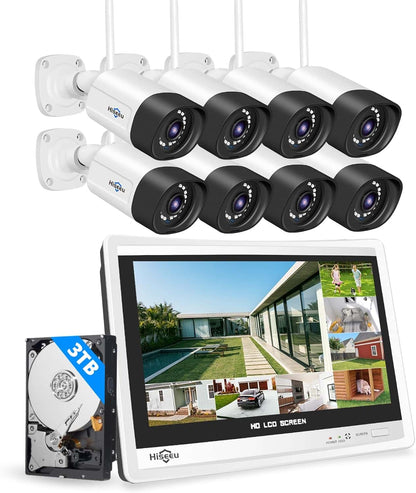 [Wireless Pro with 12" LCD Monitor, Expandable 10Channels 4K NVR] 5MP Wireless Security Camera System BUILD-IN 3TB HDD With Two Way Audio