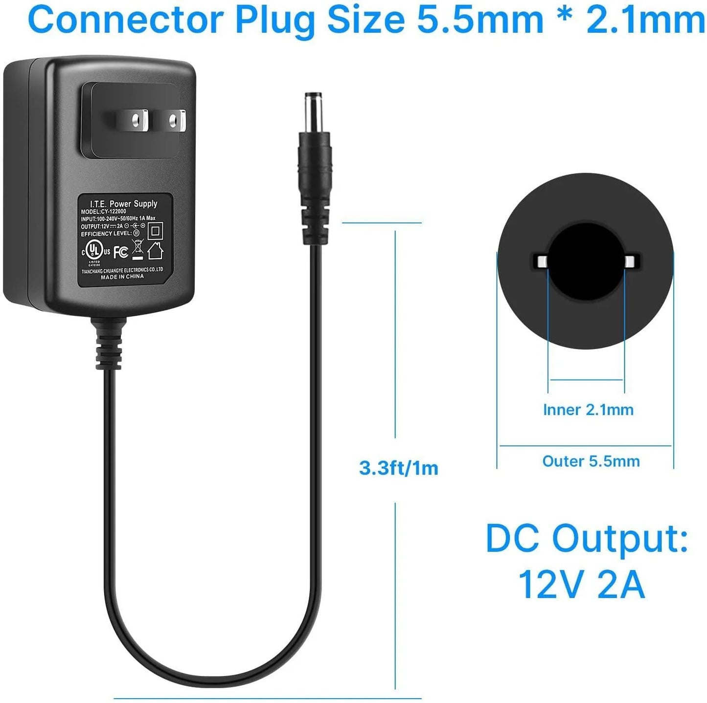 Hiseeu 3ft AC 100-240V to DC 12V 2A Power Supply Adapter Switching for CCTV Cameras DVR NVR LED Strip 5.5mmx2.1mm FCC