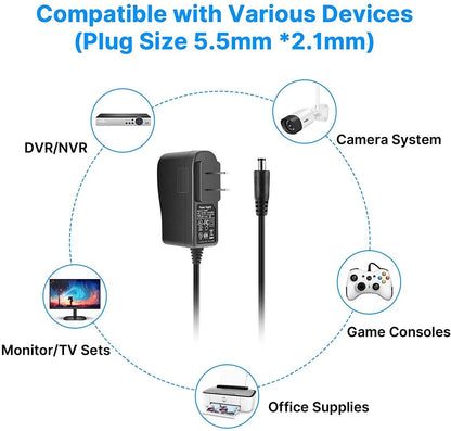 Hiseeu AC 100-240V to DC 12V 1A 1000mA 12W Power Supply 5.5 x 2.1mm FCC 10 Feet Cable Power Supply (12V-1000mA) Power Adapter for Security Cameras