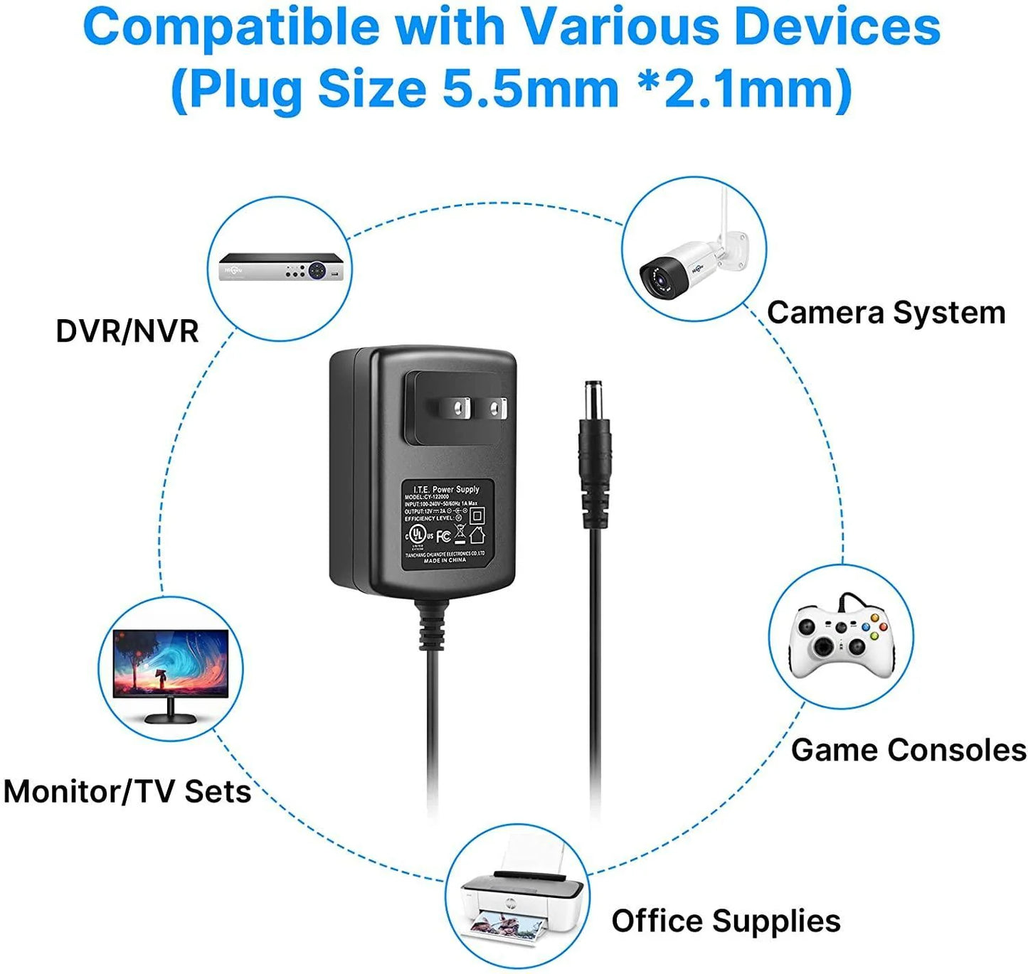 Hiseeu 3ft AC 100-240V to DC 12V 2A Power Supply Adapter Switching for CCTV Cameras DVR NVR LED Strip 5.5mmx2.1mm FCC