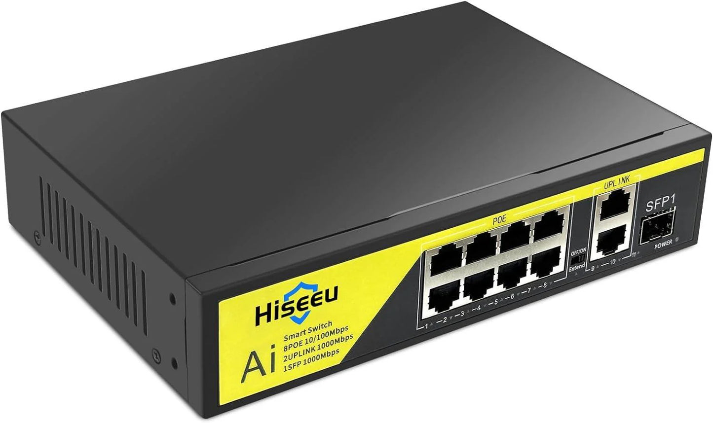 Hiseeu【1000 Mbps】8 Port PoE Switch (8 PoE+ Ports + 2 Ethernet Uplink Ports), 802.3 af/at, 100Mbps, Plug & Play, 120W, AI Watchdog, 250m (820 ft), Noiseless/ Compact & Sturdy Metal Case/ Desktop