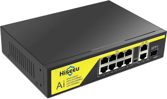 Hiseeu【1000 Mbps】8 Port PoE Switch (8 PoE+ Ports + 2 Ethernet Uplink Ports), 802.3 af/at, 100Mbps, Plug & Play, 120W, AI Watchdog, 250m (820 ft), Noiseless/ Compact & Sturdy Metal Case/ Desktop