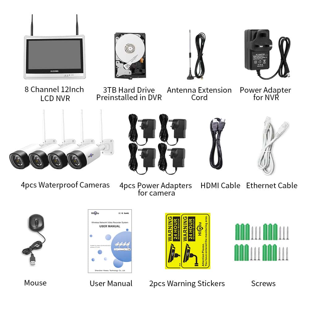 [Wireless Pro with 12" LCD Monitor, Expandable 10Channels 4K NVR] 5MP Wireless Security Camera System BUILD-IN 3TB HDD With Two Way Audio