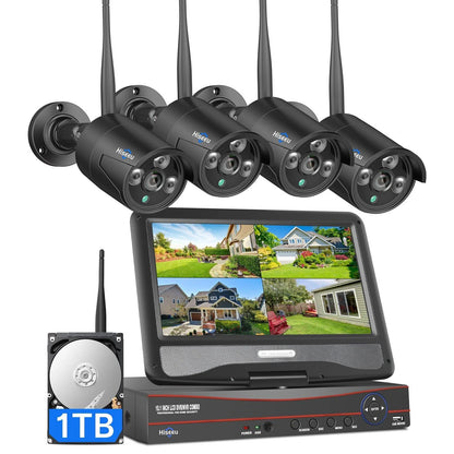 [Wireless Pro, 100ft Range,Expandable 16Channels 4K 10.1" LCD Monitor NVR] 5MP Black Wireless Security Camera System With 1T HDD