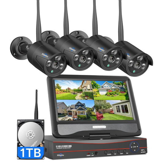 [Wireless Pro, 100ft Range,Expandable 16Channels 4K 10.1" LCD Monitor NVR] 5MP Black Wireless Security Camera System With 1T HDD