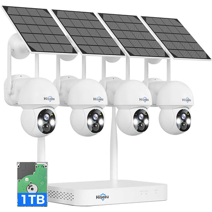 [2.4G&5G WiFi, Expandable 10CH 4K NVR] 4MP Solar-Powered Wireless Security PTZ Camera System BUILD-IN HDD
