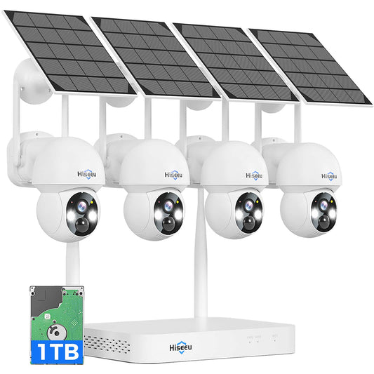 [2.4G&5G WiFi, Expandable 10CH 4K NVR] 4MP Solar-Powered Wireless Security PTZ Camera System BUILD-IN HDD