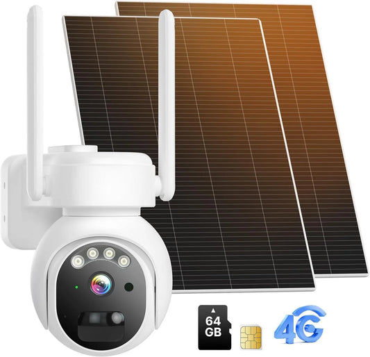 2K 4MP No WiFi 24/7 Recording 4G Cellular Wireless Solar Camera PTZ 𝟯𝟲𝟬° 𝙑𝙞𝙚𝙬 With 64G SD & SIM Card