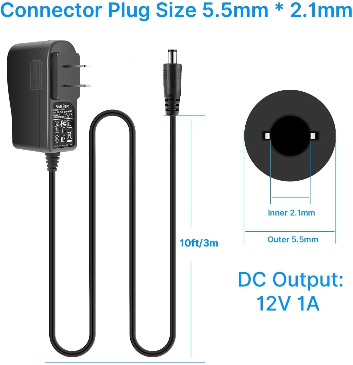 Hiseeu AC 100-240V to DC 12V 1A 1000mA 12W Power Supply 5.5 x 2.1mm FCC 10 Feet Cable Power Supply (12V-1000mA) Power Adapter for Security Cameras